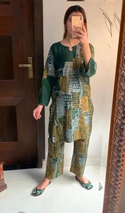 2Pcs Stylish Women's Stitched Printed Suit Shirt & Trouser Hype Hem