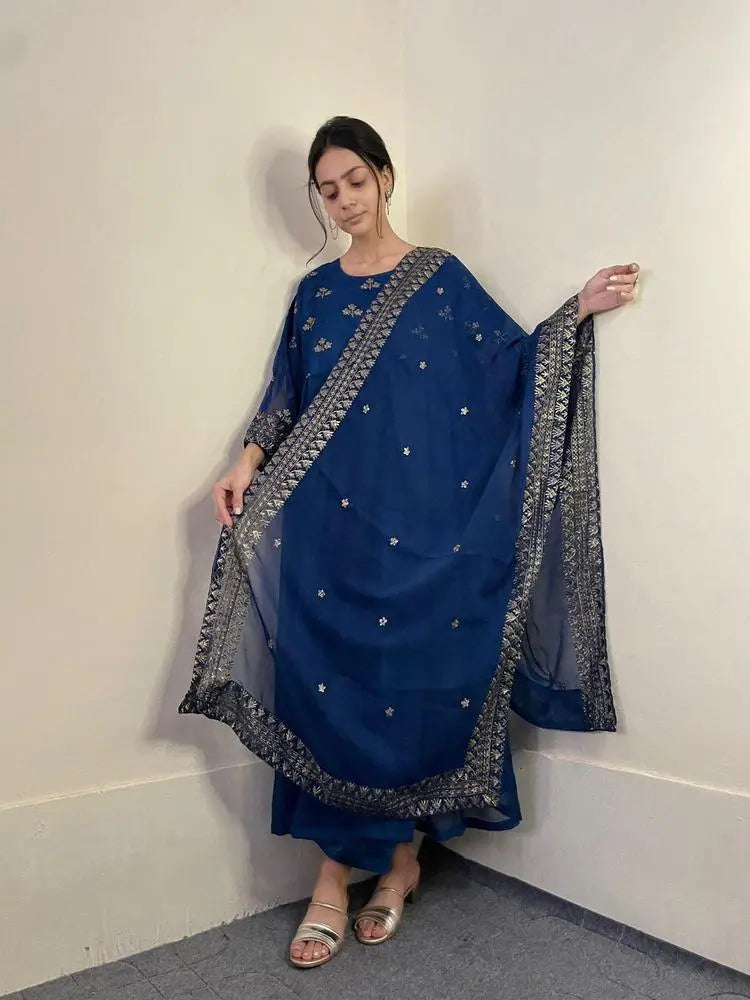 3pcs Stylish Women's Stitched Chiffon Full Flare Embroidered Maxi Hype Hem