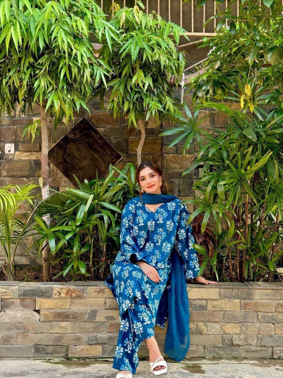 2 Pcs Women's Stitched Block Printed Shirt & Trouser