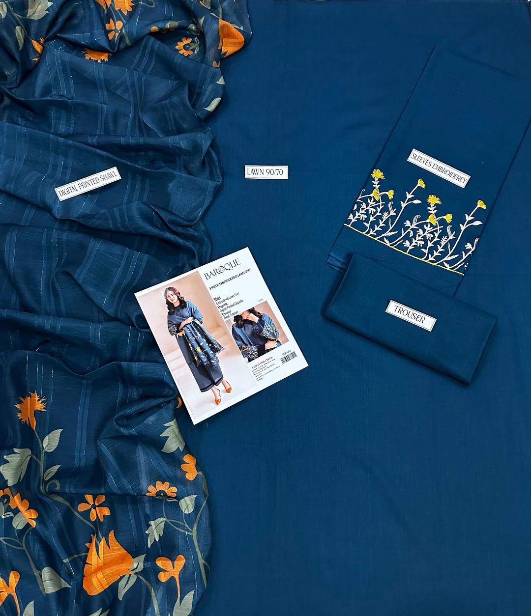 3 Pcs Women's Unstitched Embroidered Lawn Suit Hype Hem