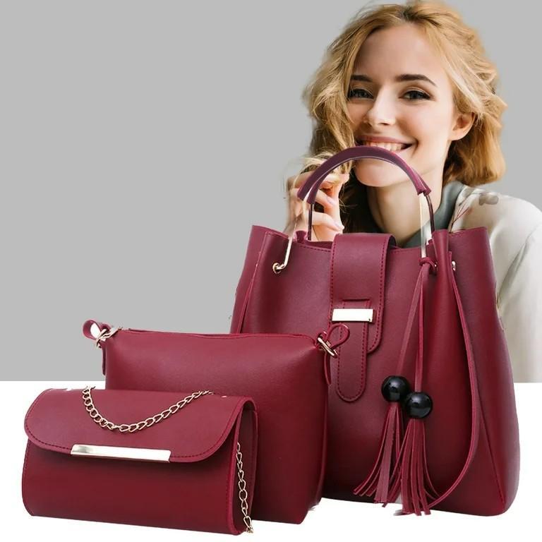 3 Pcs Women Leather plain Hand Bag Set