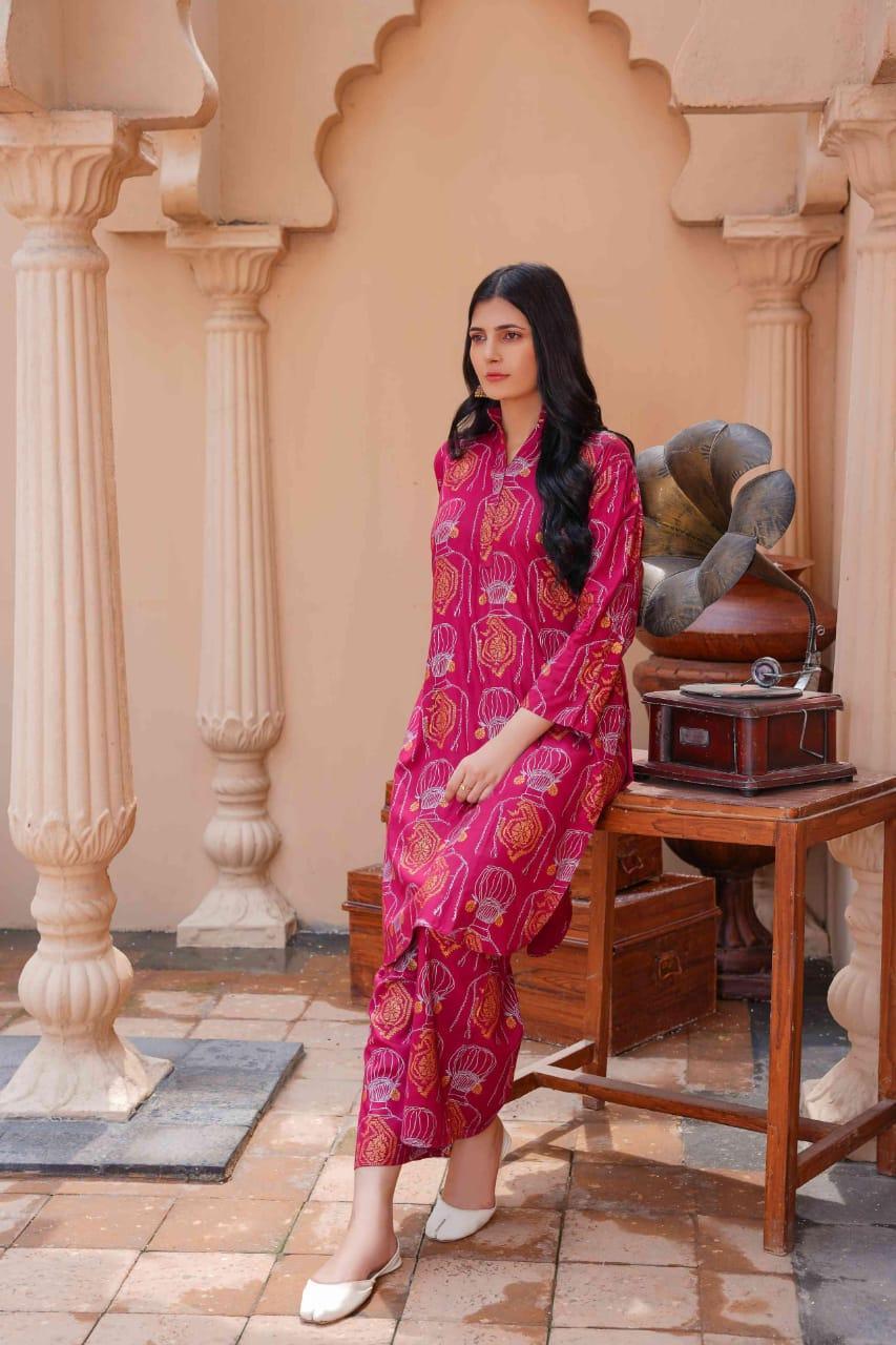 : 2 Pcs Women's Stitched Linen Printed Long Shirt & Trouser