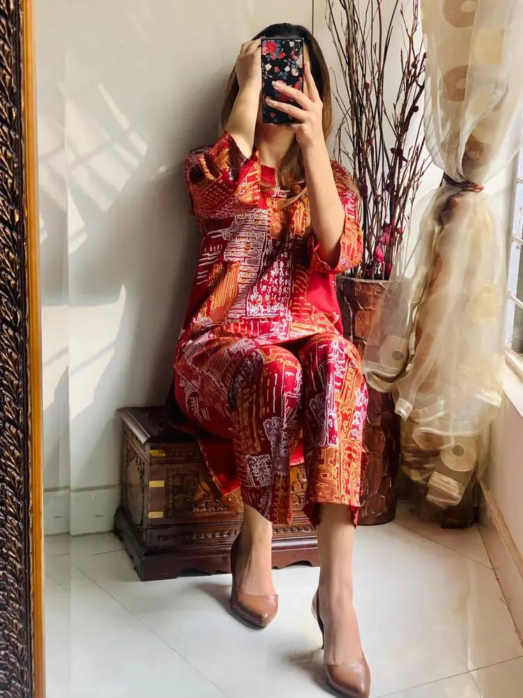 2Pcs  Stylish Women's Stitched Printed Suit Shirt & Trouser Hype Hem