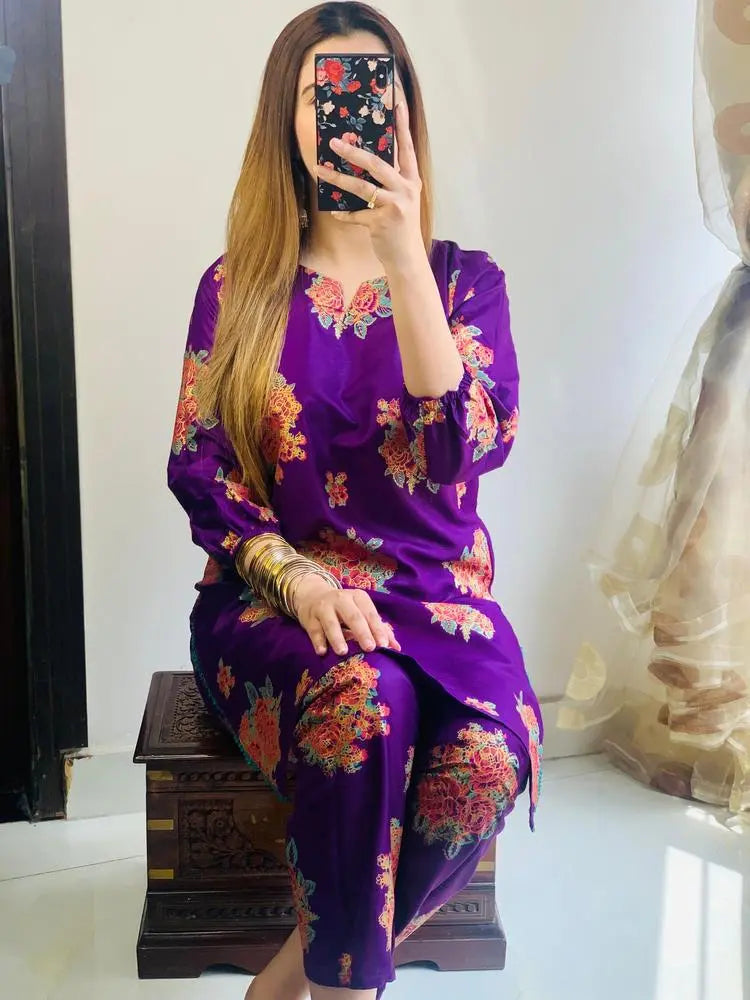 2Pcs Women's Stitched Printed Shirt & Trouser Hype Hem