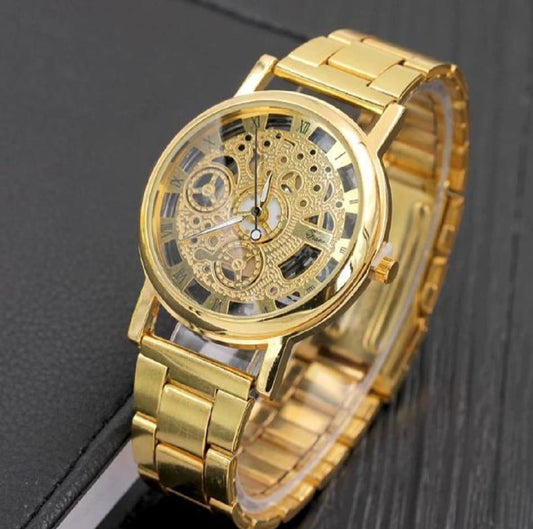 Men's Gold Stainless Steel Hand-Winding Mechanical Watch - 1 Pc
