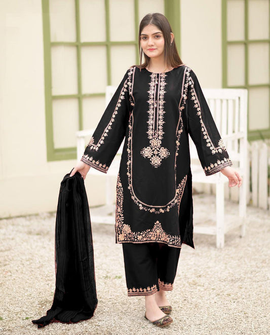 : 3 Pcs Women's Stitched Embroidered Suit