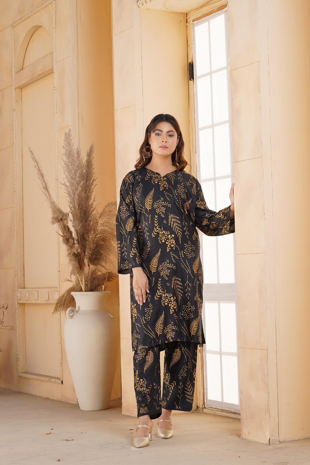 Stylish Women's Stitched Black Linen Shirt & Trouser Set - 2 Pcs