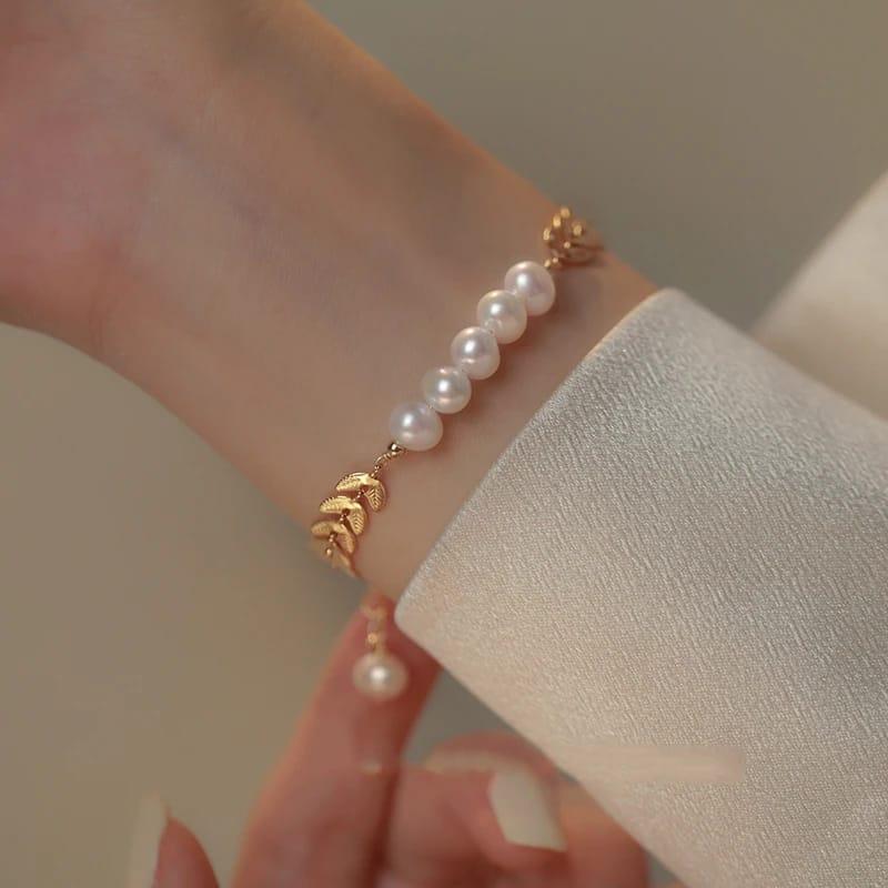 Stylish Leaf Pearl Gold Bracelet For Girls