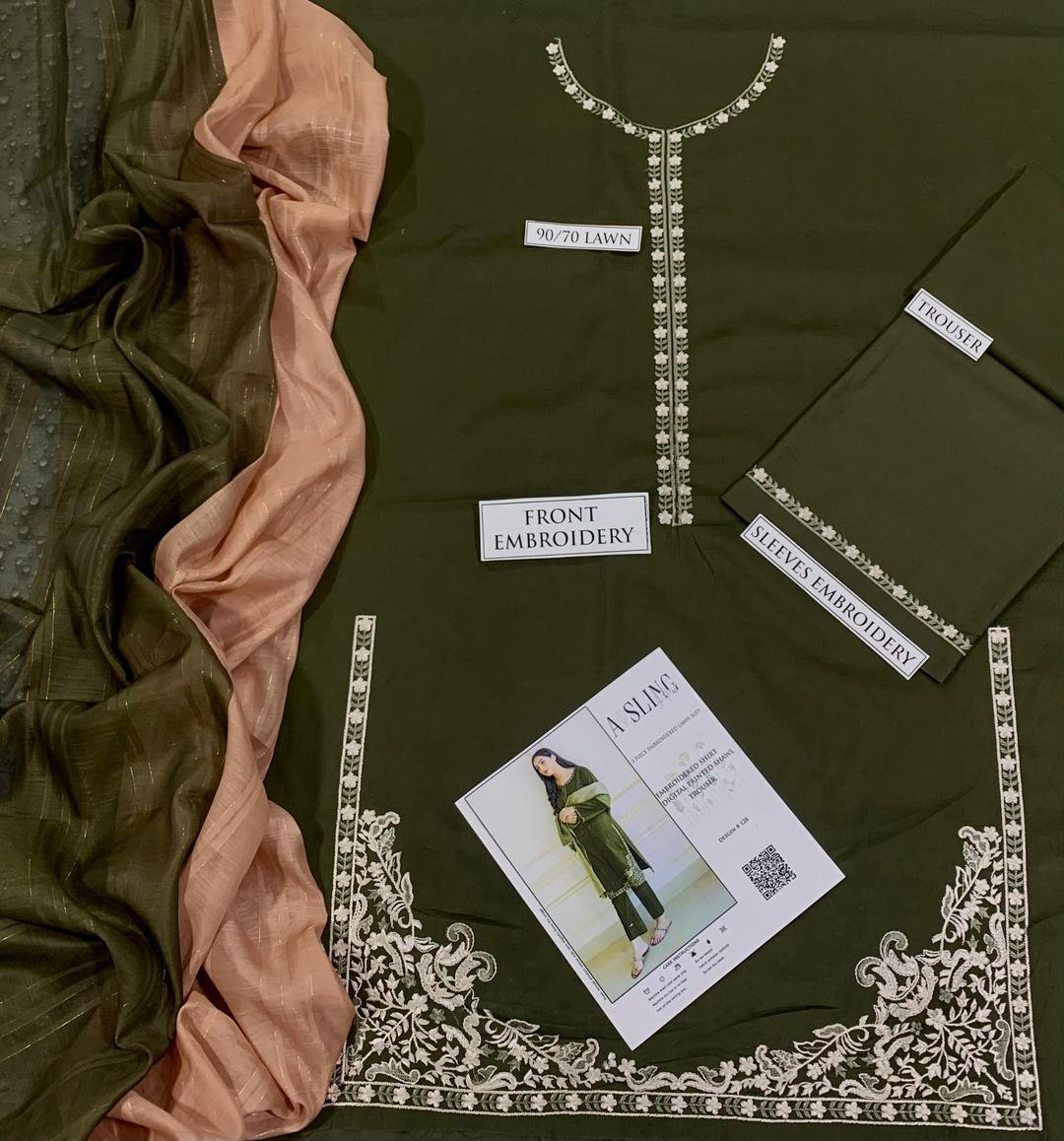 3Pcs Women's Unstitched Embroidered Lawn Suit Hype Hem