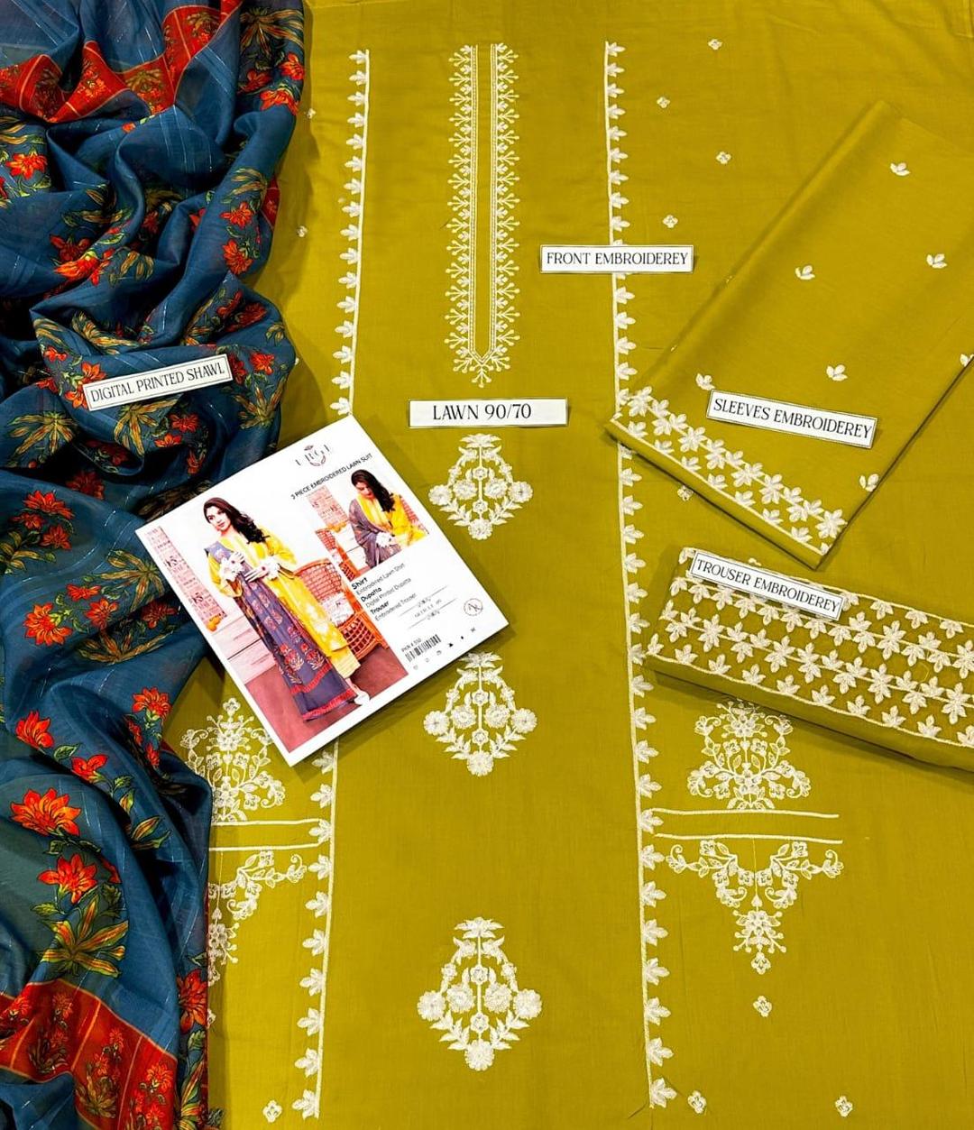 3Pcs Women's Unstitched Embroidered Lawn Suit Hype Hem