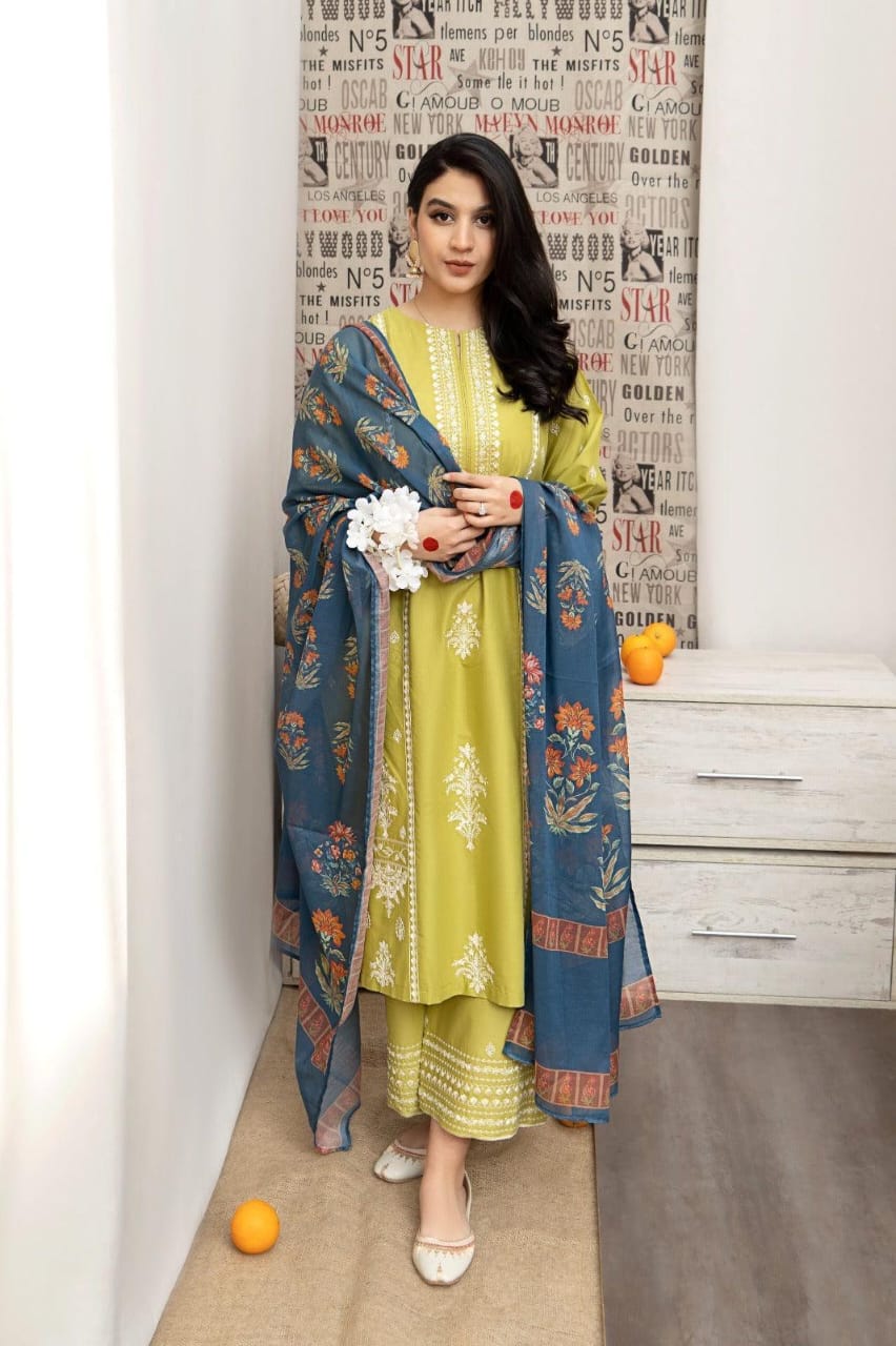 3Pcs Women's Unstitched Embroidered Lawn Suit Hype Hem
