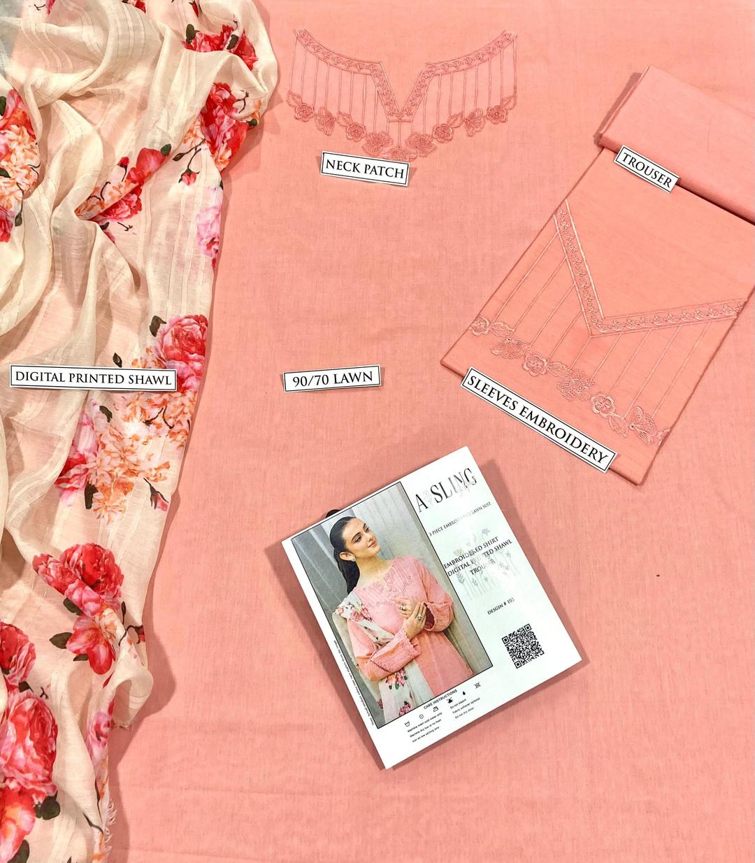 3 Pcs Women's Unstitched Embroidered Lawn Suit Hype Hem