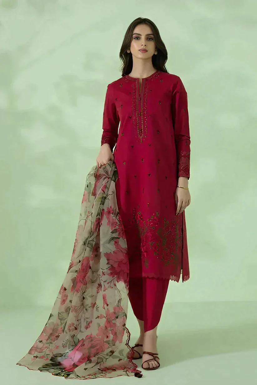 3 Pcs Women's Unstitched Embroidered Lawn Suit Hype Hem