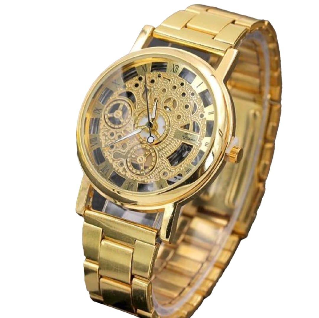 Men's Gold Stainless Steel Hand-Winding Mechanical Watch - 1 Pc