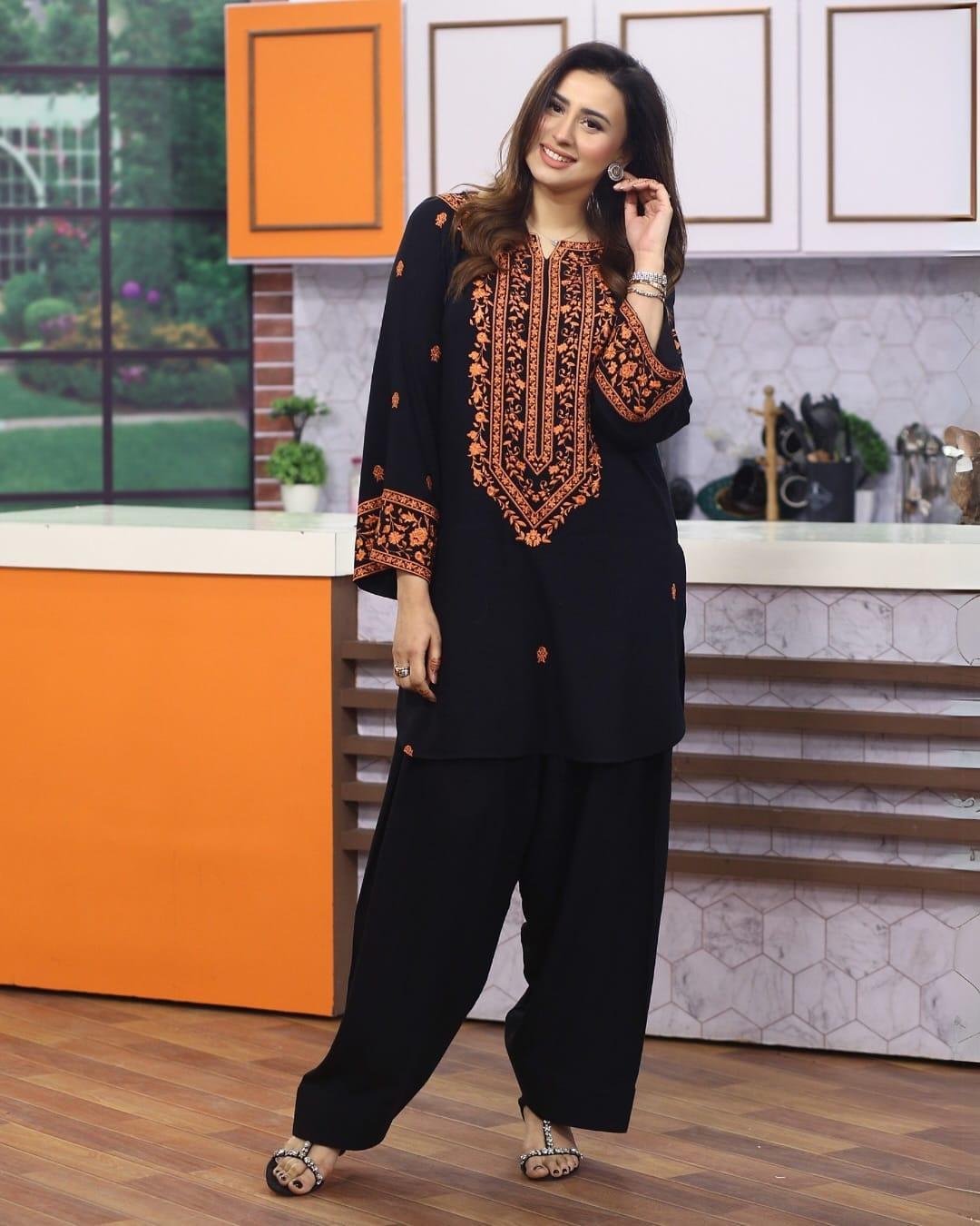 Stylish Black Cotton Embroidered Shirt and Trouser Set - 2 Pcs