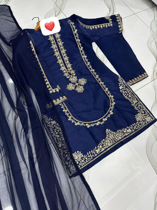 3 Pcs Women's Stitched Sequins Embroidered Frock