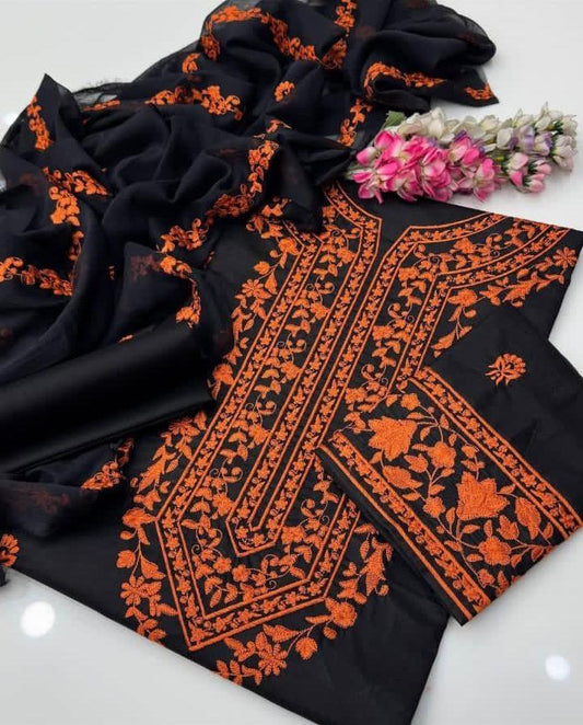 3 Pcs Women's Unstitched Chikankari Embroidered Suit