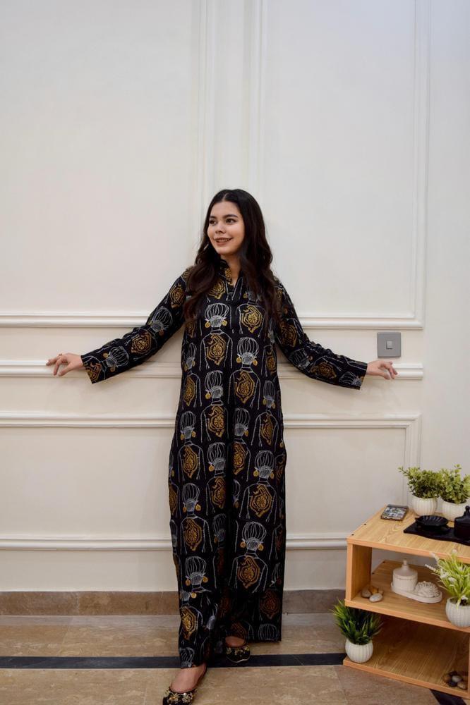 2 Pcs Women's Stitched Linen Printed Shirt & Trouser